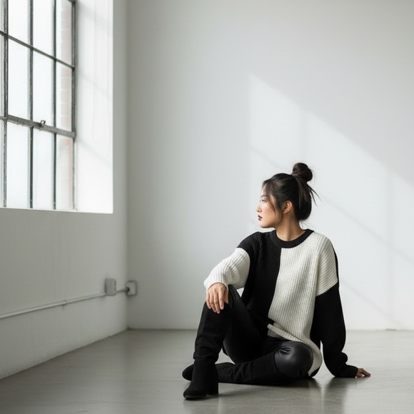 Alice + Olivia Black & Cream Colorblock Oversized Sweater | Size L - Picture 6 of 9